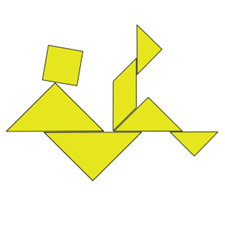 A solved yellow tangram in the shape "man falling." The man's head is the square, his body and flailing arms the two largest triangles. 