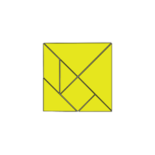 A solved, yellow tangram, in the square position. The two largest triangles rest in the top-right of the figure. 