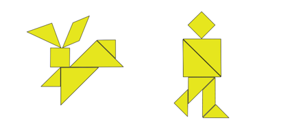 Two tangram images; the first in the shape of a leaping rabbit, the other an image of a man walking